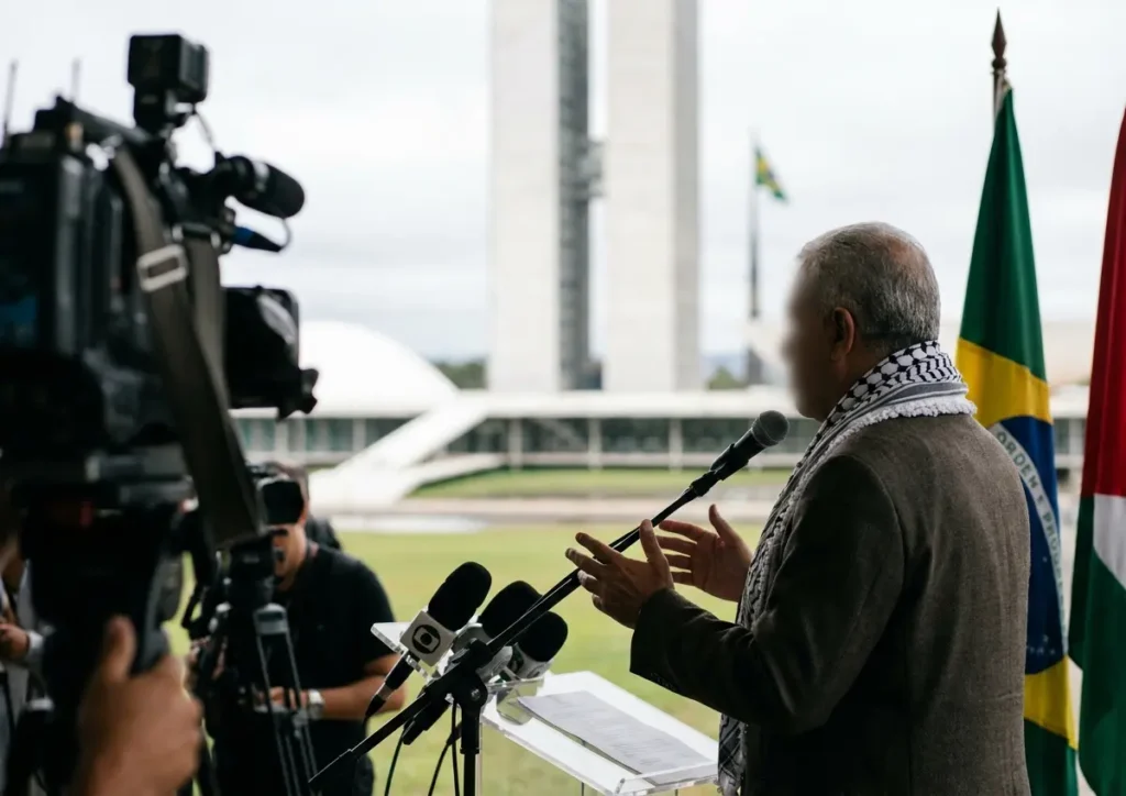 Presidente palestino diz estar pronto para eleições e mobiliza Brasília Líder palestino em púlpito visto de lado com bandeiras do Brasil e da Palestina em Brasília
