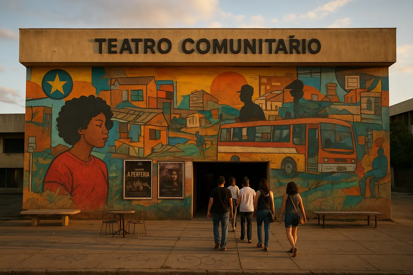 Fachada do teatro comunitário com mural urbano, público entrando de costas pelo acesso principal