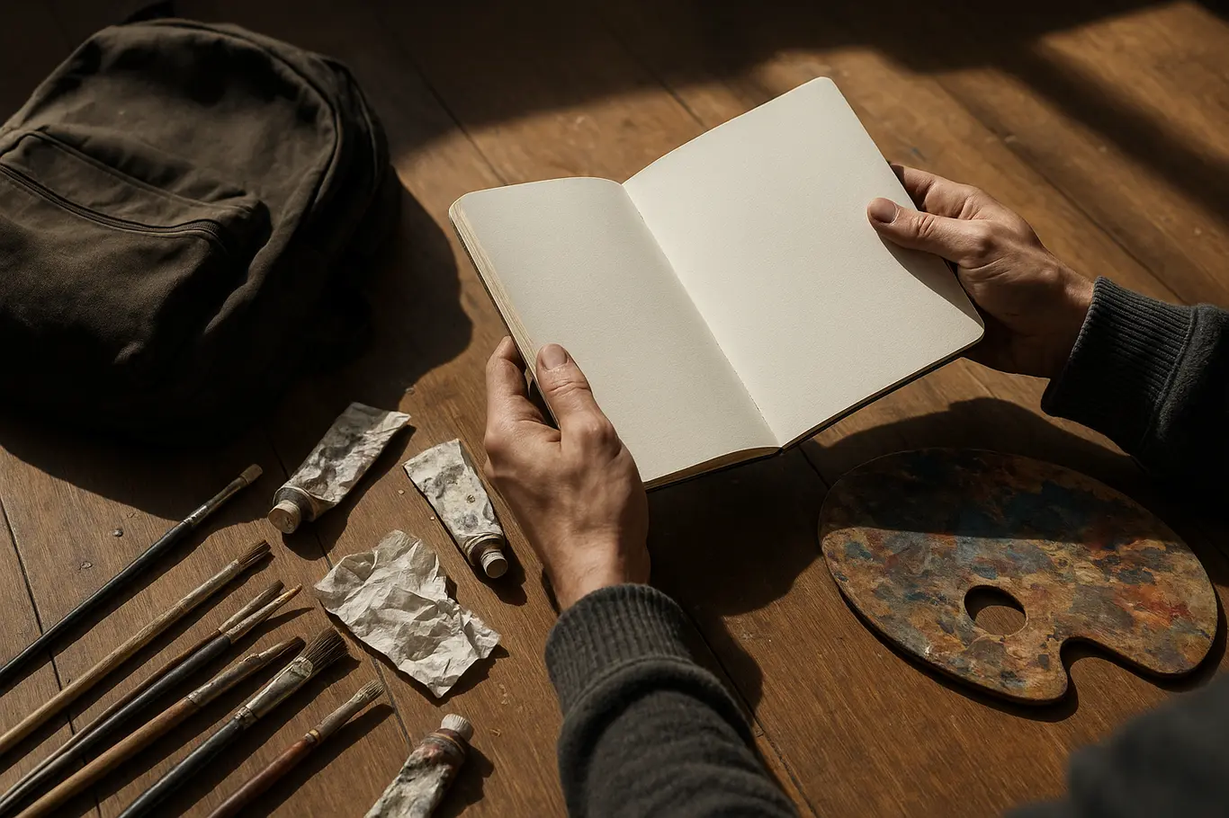 Carteira vazia, mochila e materiais de arte espalhados em sala