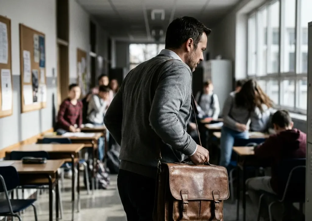 Professor de costas saindo de sala de aula, alunos desfocados ao fundo