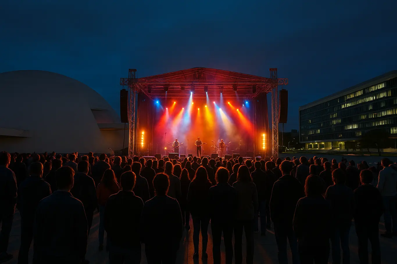 Visão ampla de palco e plateia em evento cultural ao ar livre em Brasília à noite.