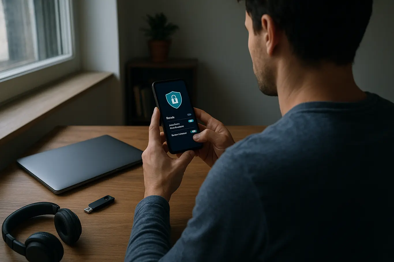 Pessoa de costas ajustando configurações de segurança no celular em mesa de trabalho com chave de segurança ao lado
