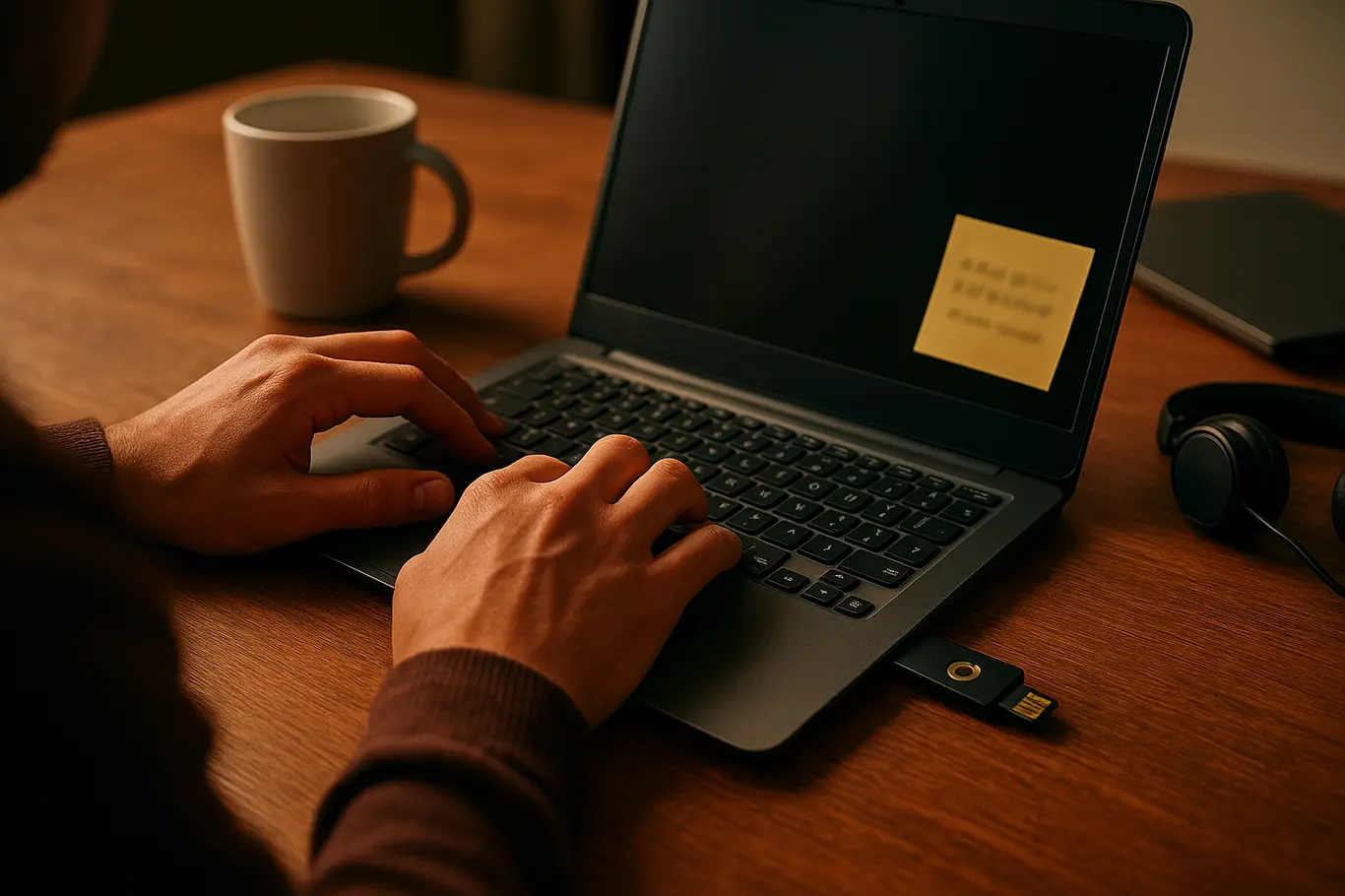 Vista sobre o ombro de pessoa digitando com chave de segurança USB no laptop e post-it borrado