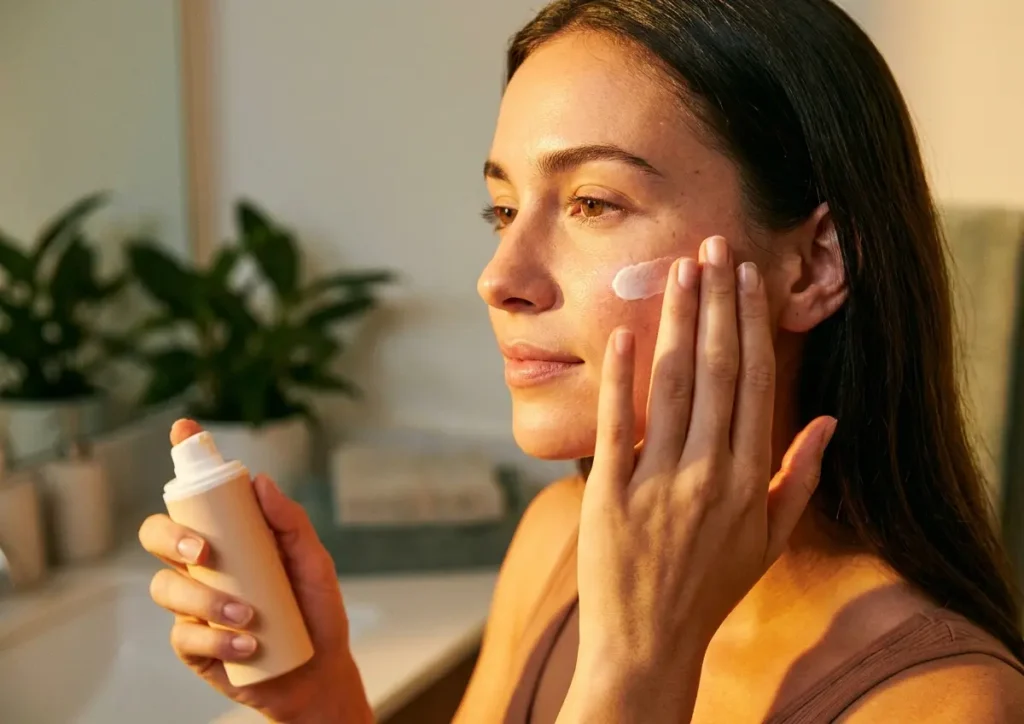 Mulher em perfil aplicando protetor solar facial com frasco sem rótulo, luz dourada, estética editorial