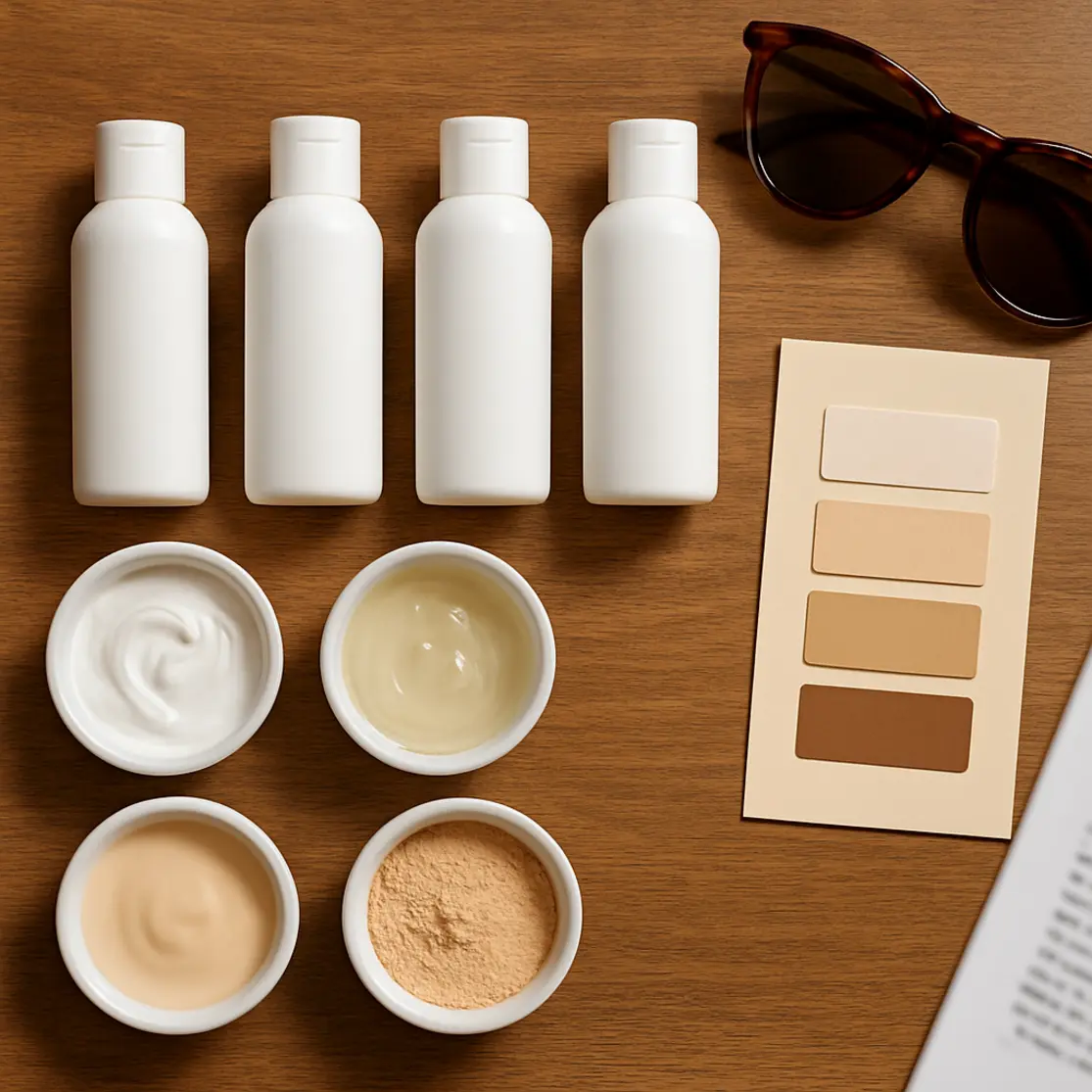 Flat lay editorial com frascos de protetor facial sem rótulos e tigelas com amostras de textura, amostras de pele e acessórios