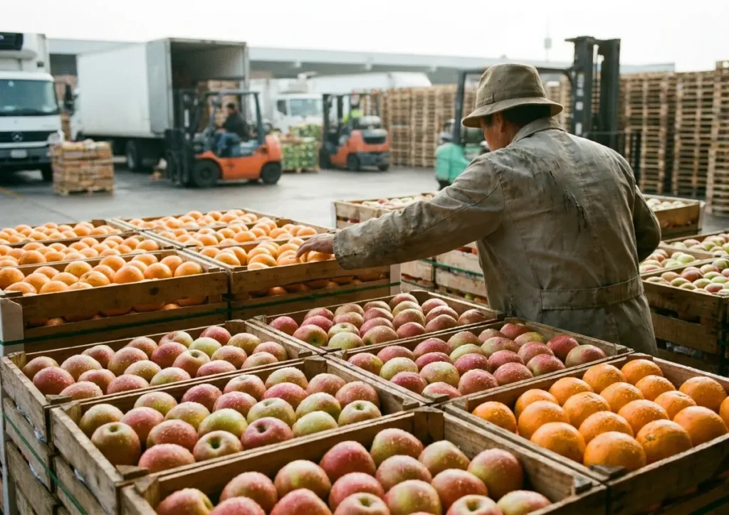 Caixotes de maçãs e laranjas em mercado atacadista com vendedor de costas, luz natural