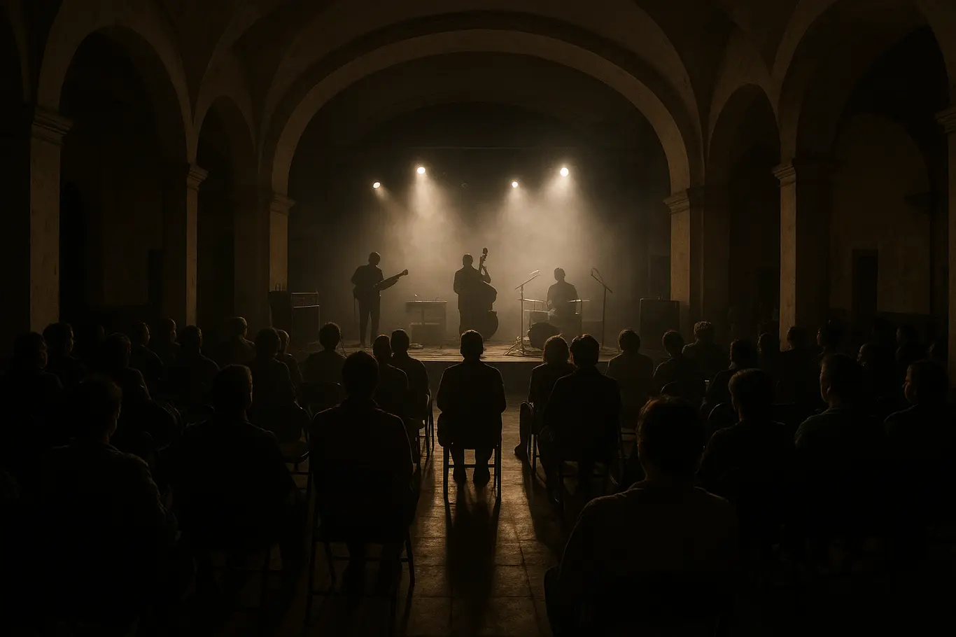Interior do Clube do Choro com público de costas e palco ao fundo durante o show