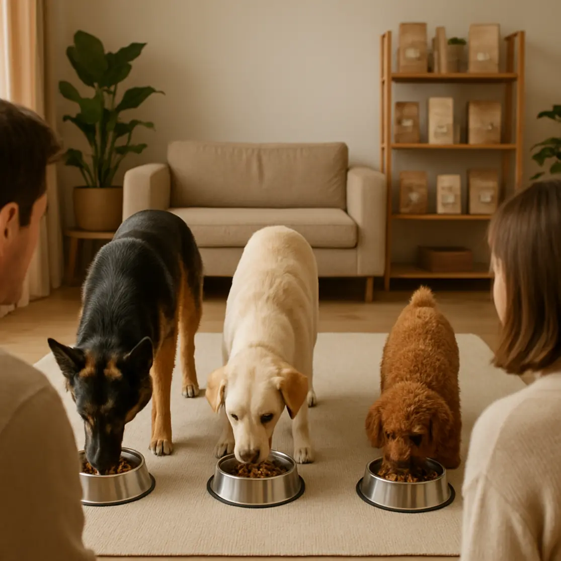 Três cães de portes diferentes com seus comedouros em sala de estar