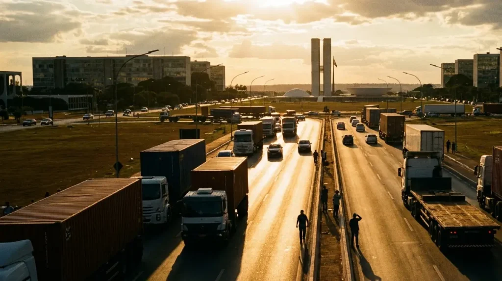 Caminhões e contêineres em via do Eixo Monumental com Congresso Nacional ao fundo.
