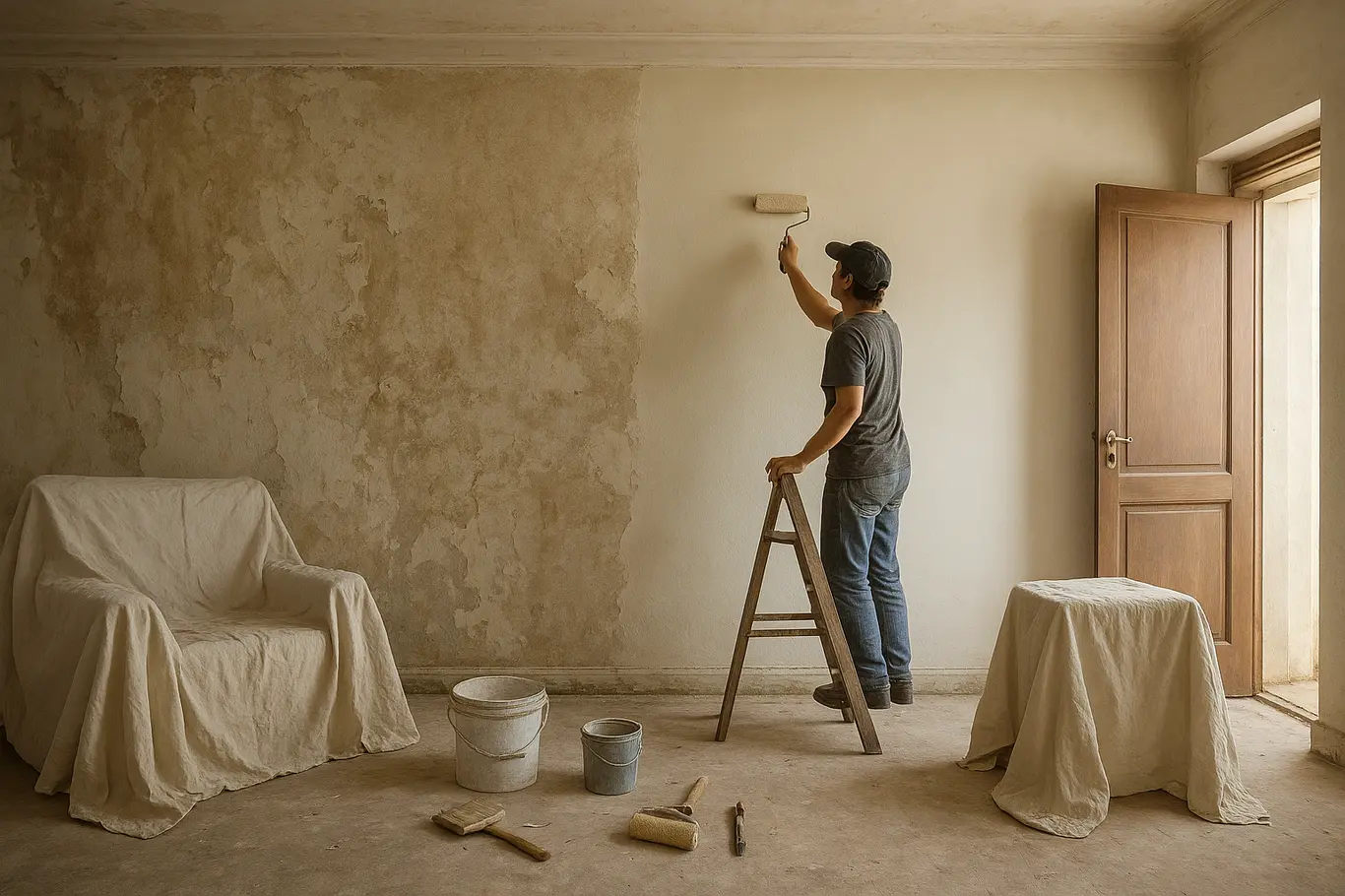 Sala ampla com metade da parede repintada, pessoa de perfil em escada e materiais de pintura espalhados, mostrando processo da reforma.