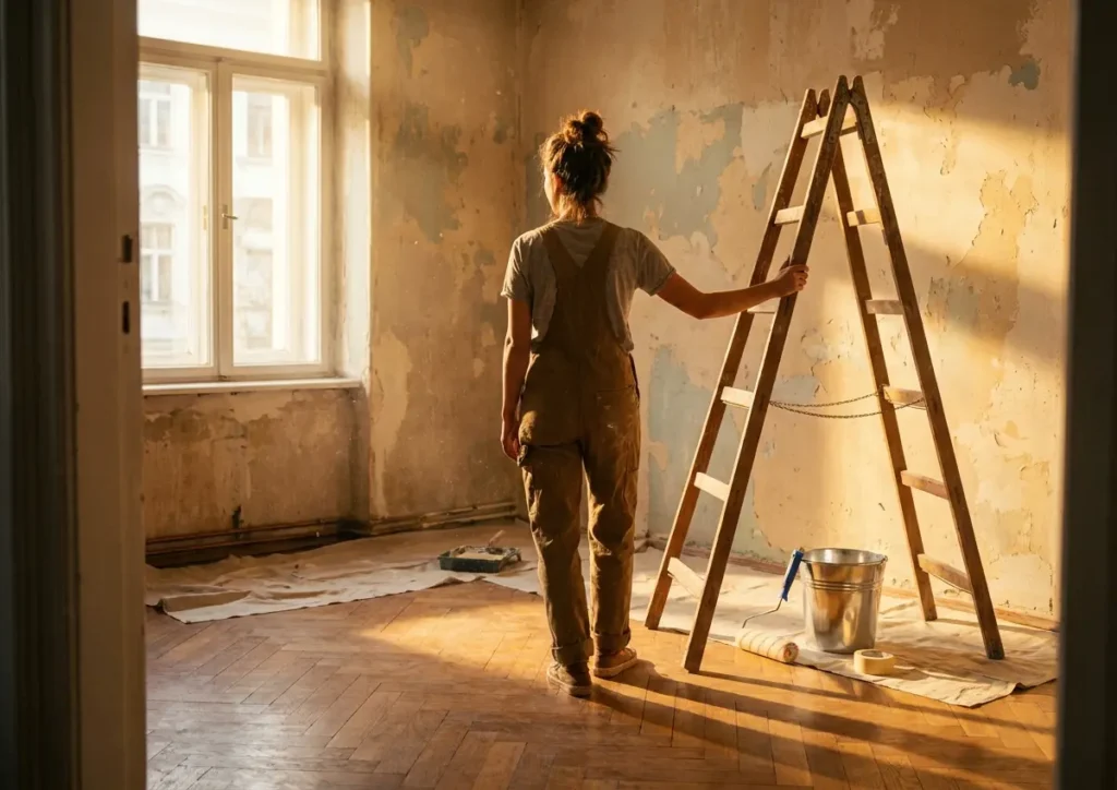 Pessoa de costas em escada dentro de sala antiga com parede descascada segurando rolo de pintura, luz dourada e materiais de reforma simples.