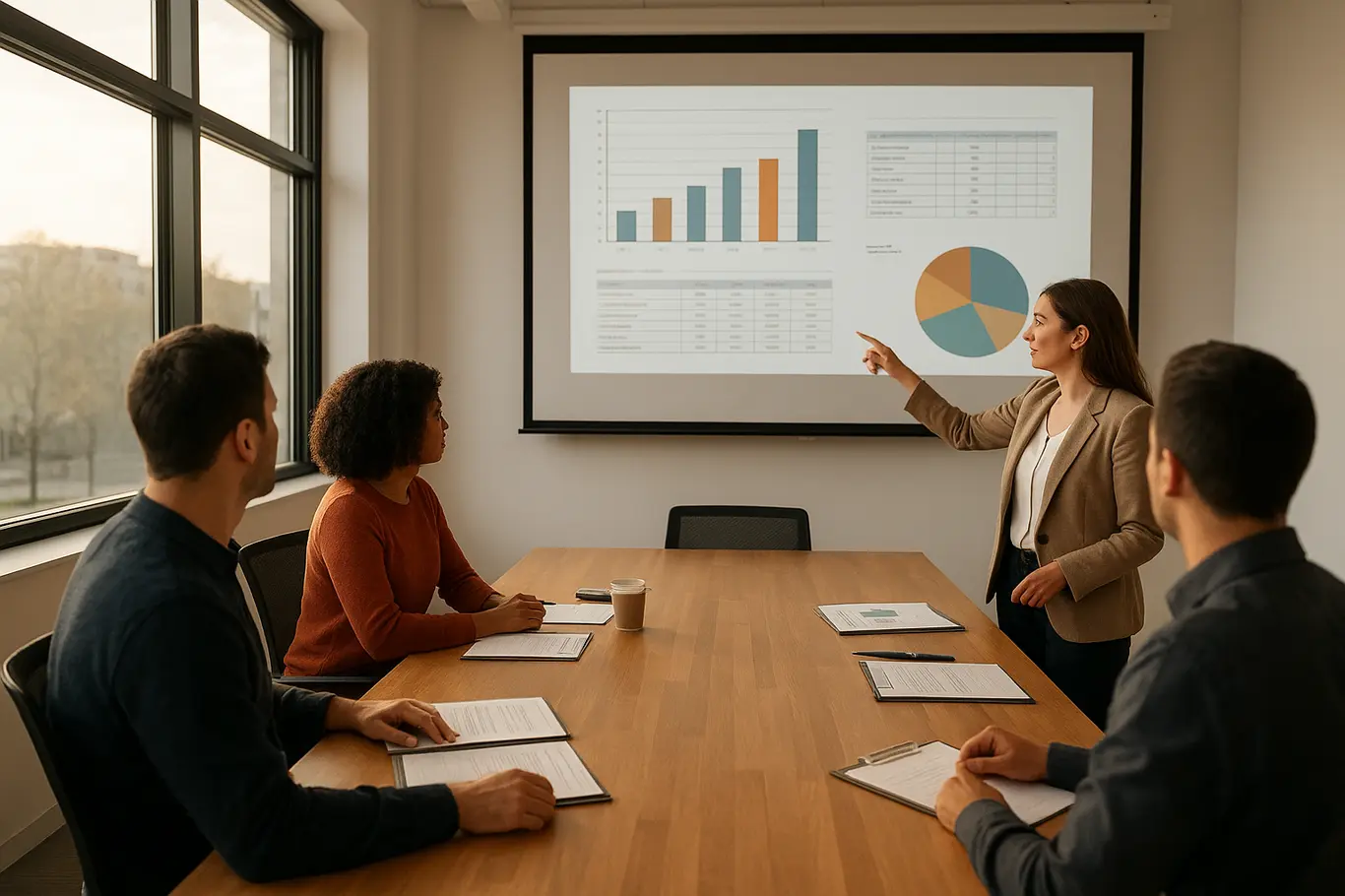Sala de reunião com projetor mostrando gráficos de relatório, pessoas de costas