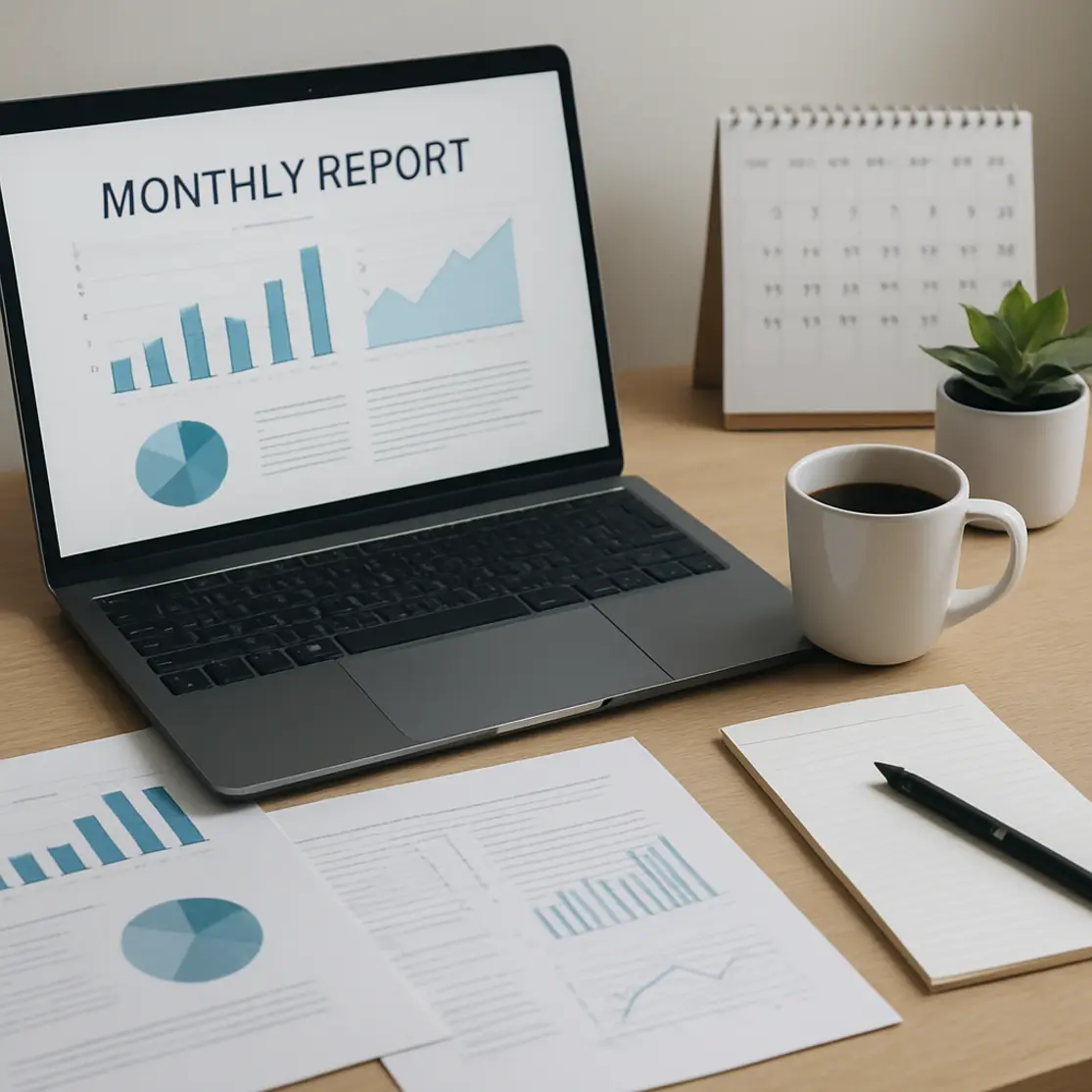 Mesa de trabalho com laptop mostrando template de relatório, calendário e documentos