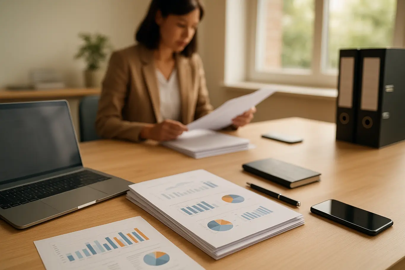 Visão ampla do escritório com mesa organizada e profissional manuseando páginas ao fundo