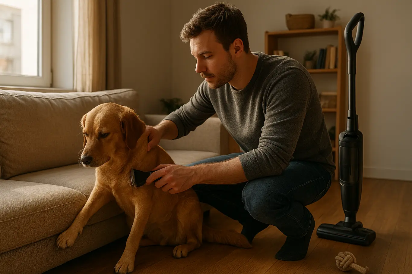 Tutor em perfil inspecionando pelo do cão no sofá com aspirador ao lado