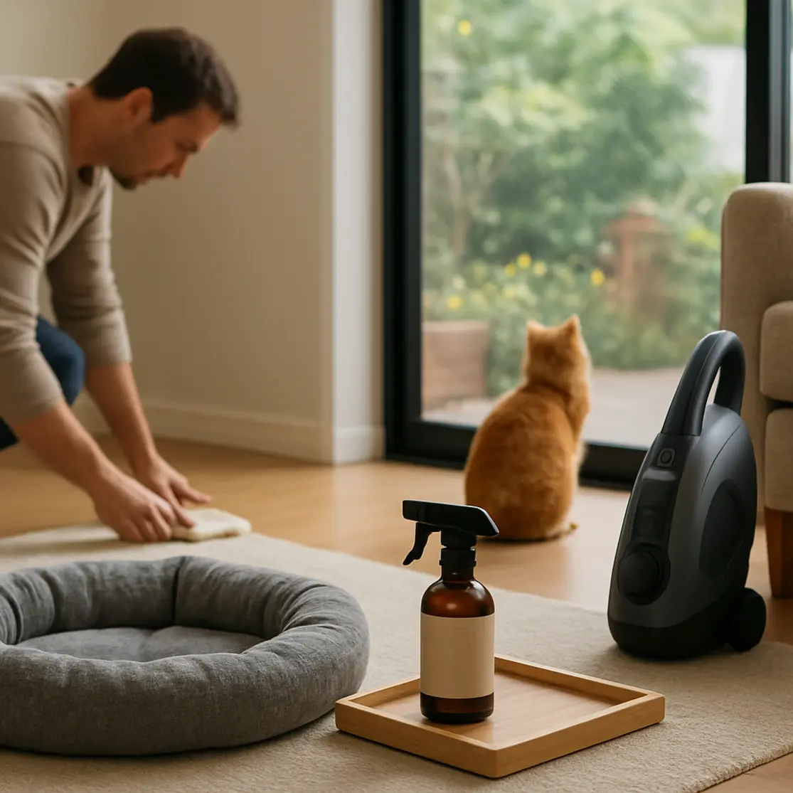 Sala com caminha de pet, frasco de preventivo e aspirador, tutor borrado limpando ao fundo