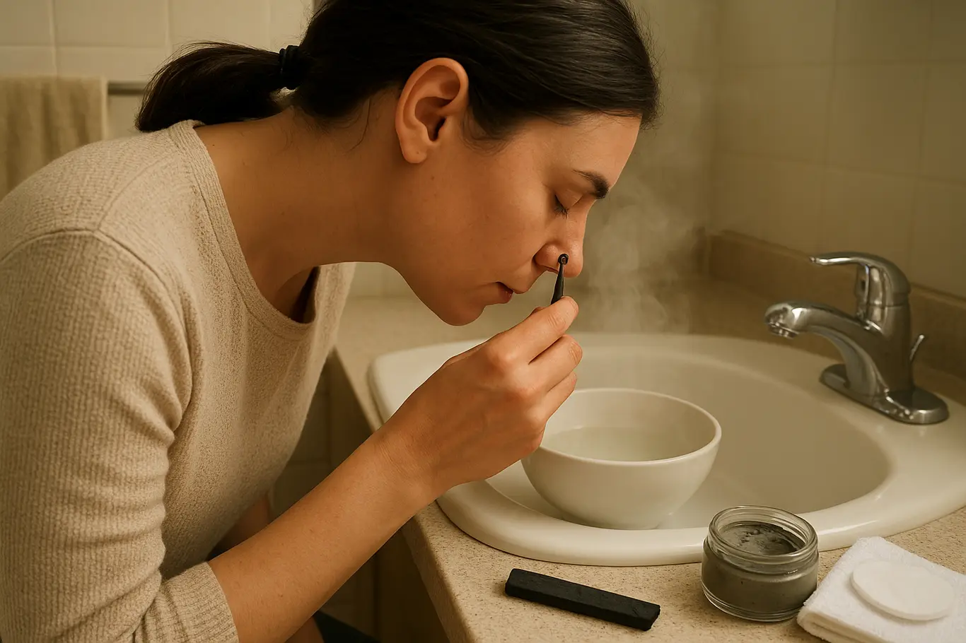 Cena lateral de preparo com vapor e produtos para remoção de cravos no banheiro, rosto não identificável.