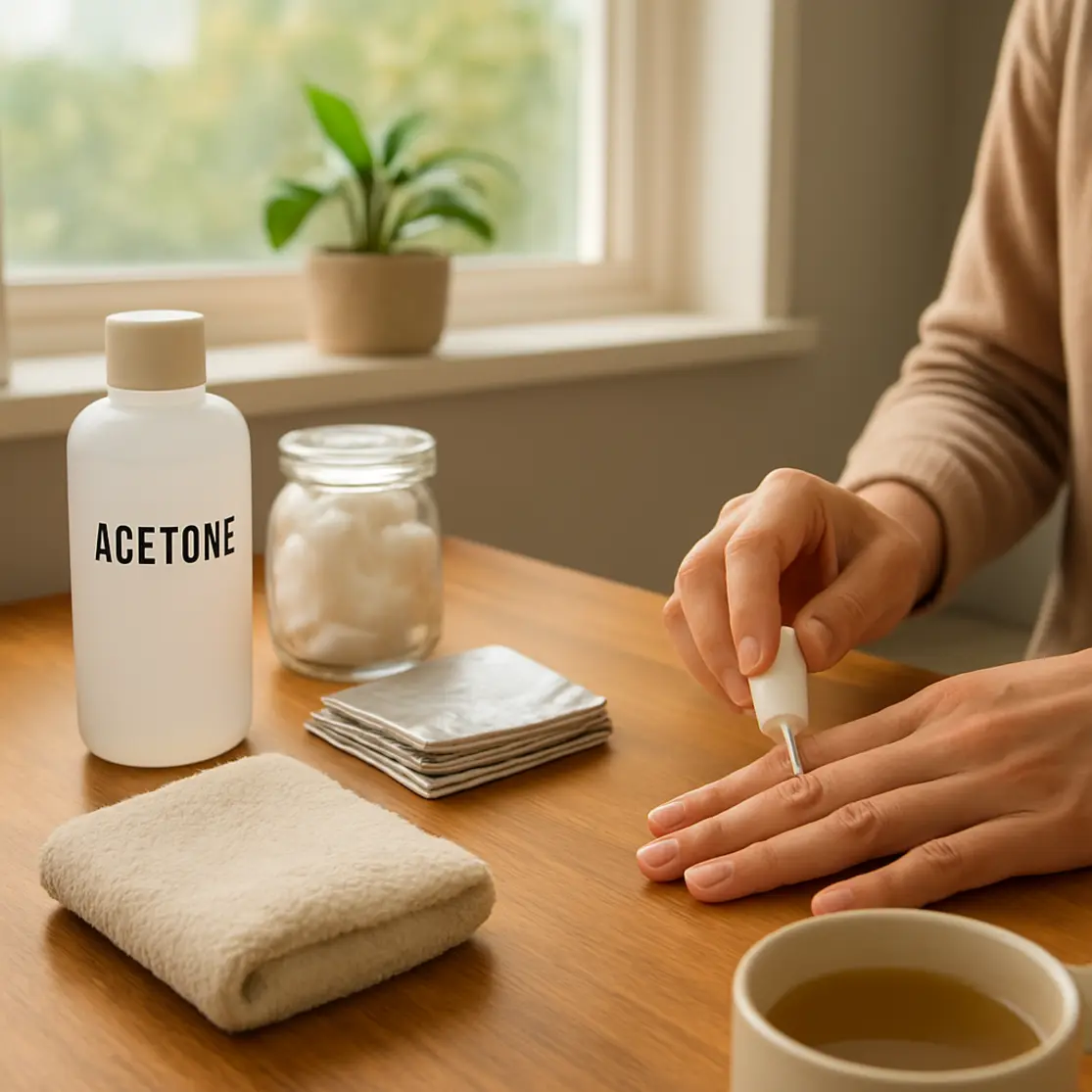 Bancada com kit de remoção de gel: acetona, algodão, folhas de alumínio e mãos fazendo acabamento