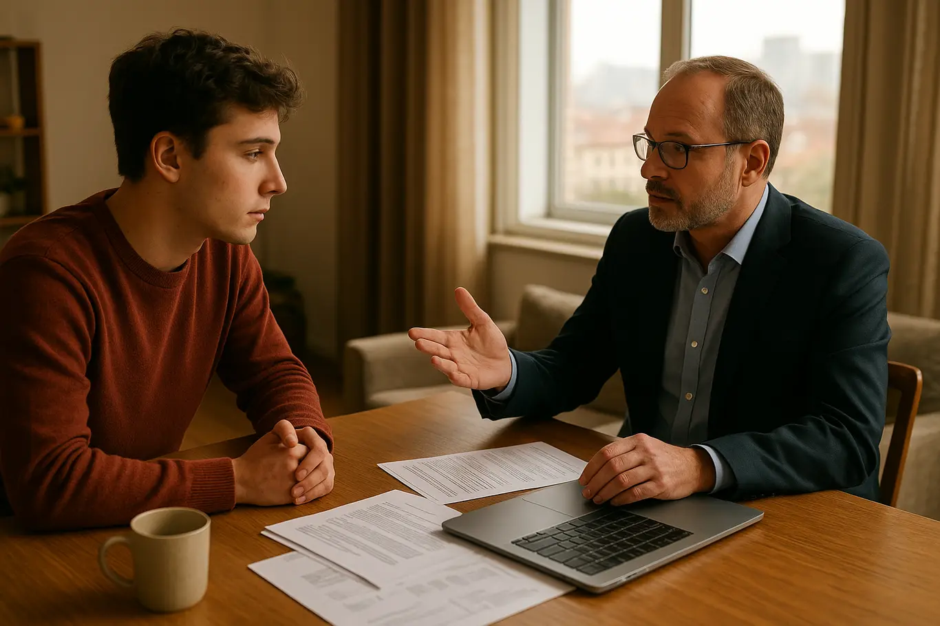 Cena aberta de estudante e assessor revisando documentos e laptop