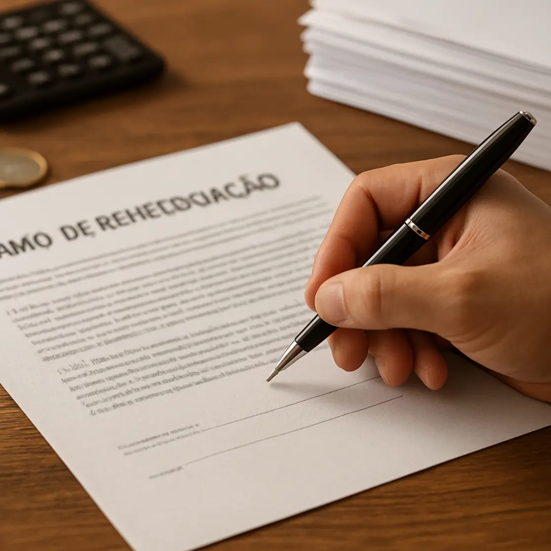 Mãos assinando documento com dinheiro e calculadora ao lado