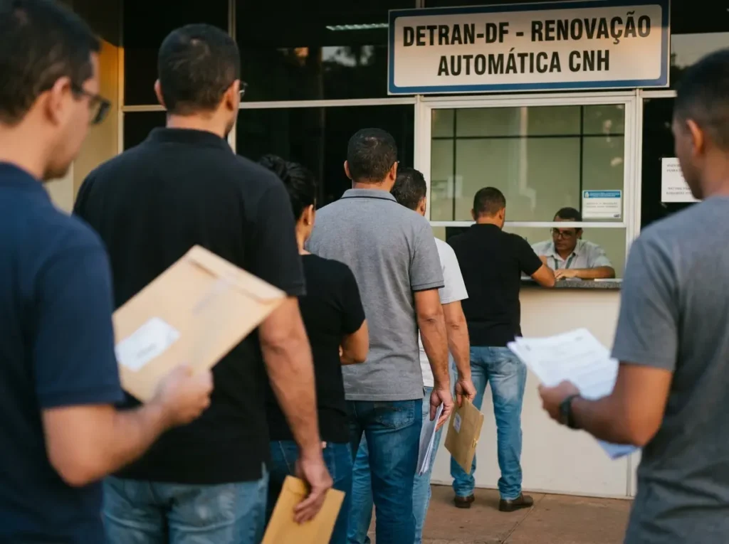 Fila de cidadãos do lado de fora do Detran-DF vista por trás, sem rostos identificáveis