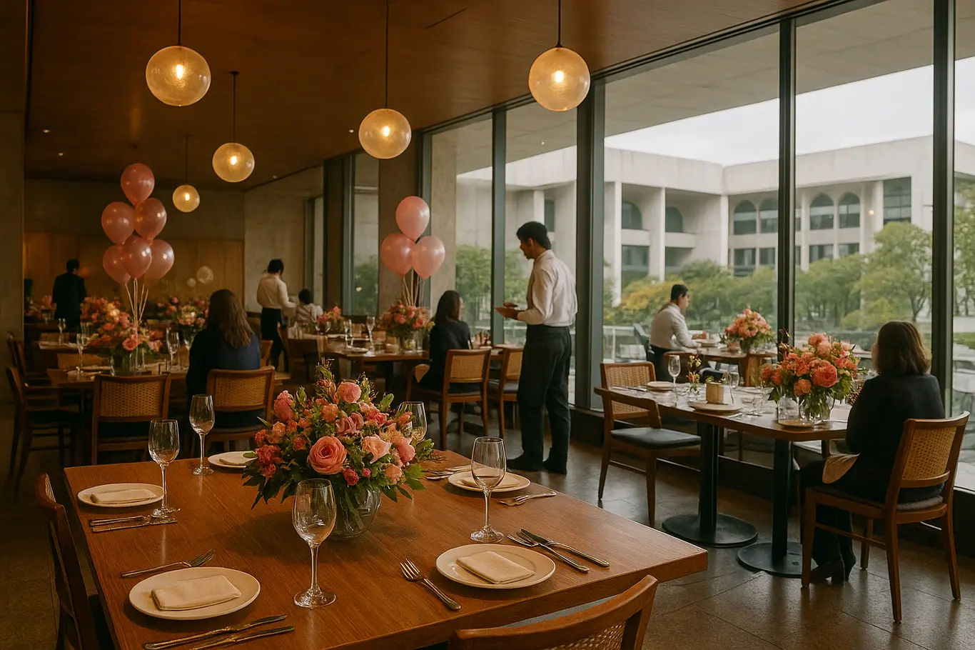 Salão amplo de restaurante em Brasília com mesas decoradas e vista modernista ao fundo