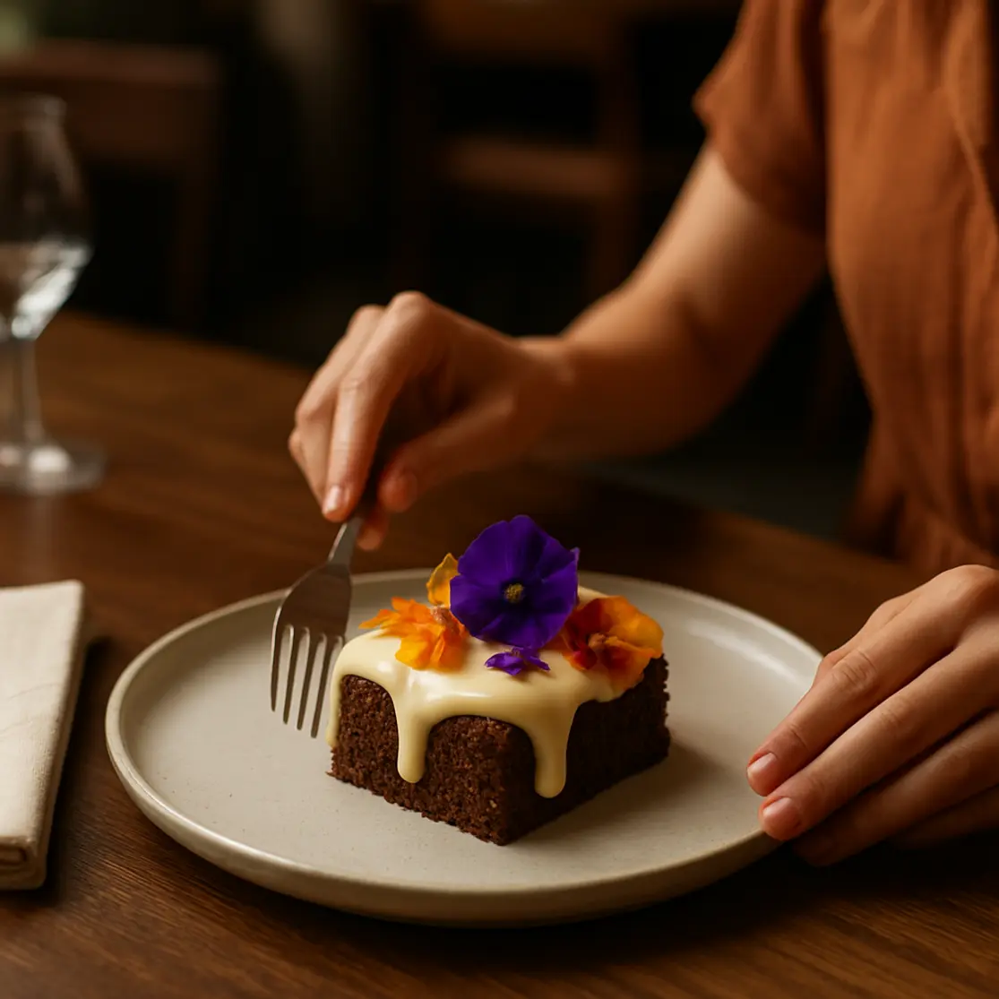 Sobremesa elaborada com flores comestíveis e mãos femininas servindo num restaurante