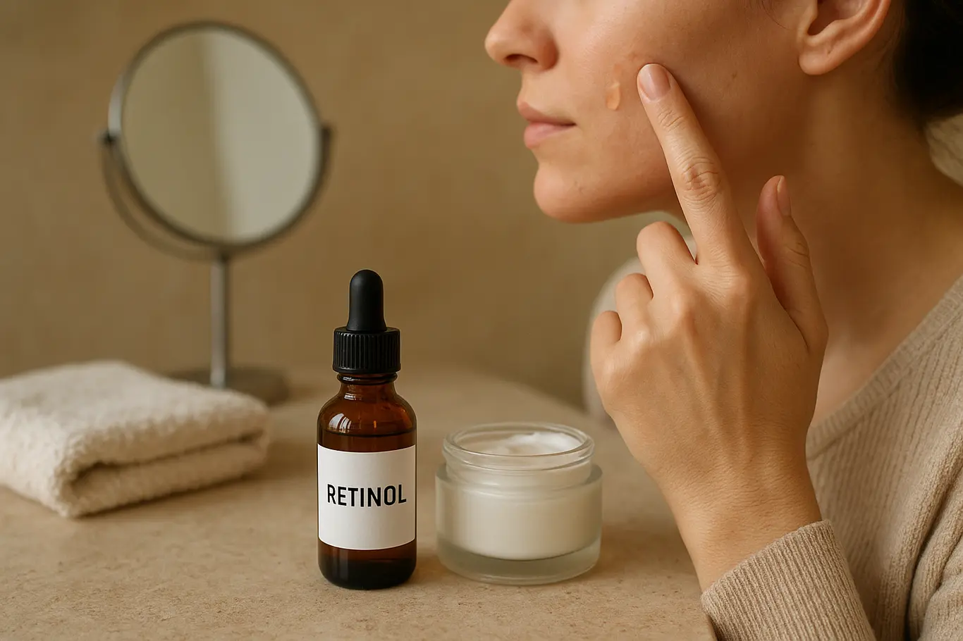 Bancada com frasco de retinol, creme e pessoa em perfil aplicando produto