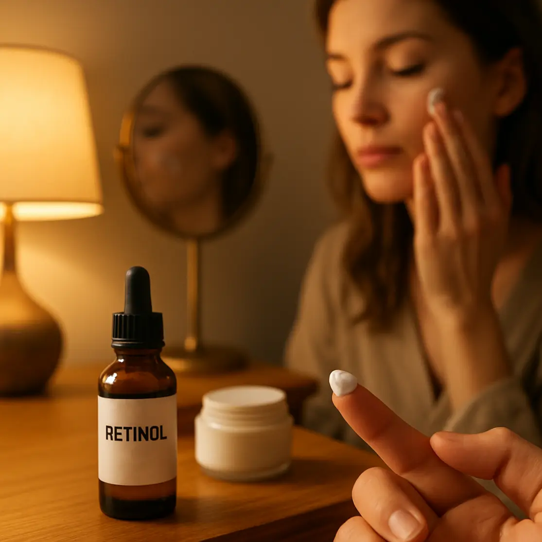 Mão com pequena quantidade de retinol na ponta do dedo, mesa de cabeceira com frasco ao fundo