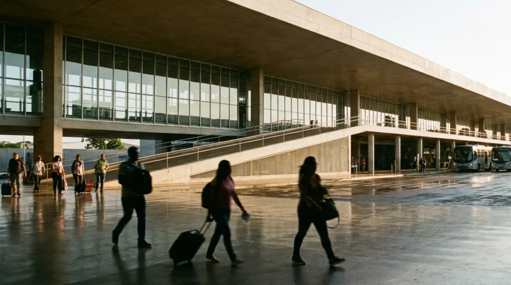 Vista ampla da nova rodoviária do DF com ônibus e passageiros de costas