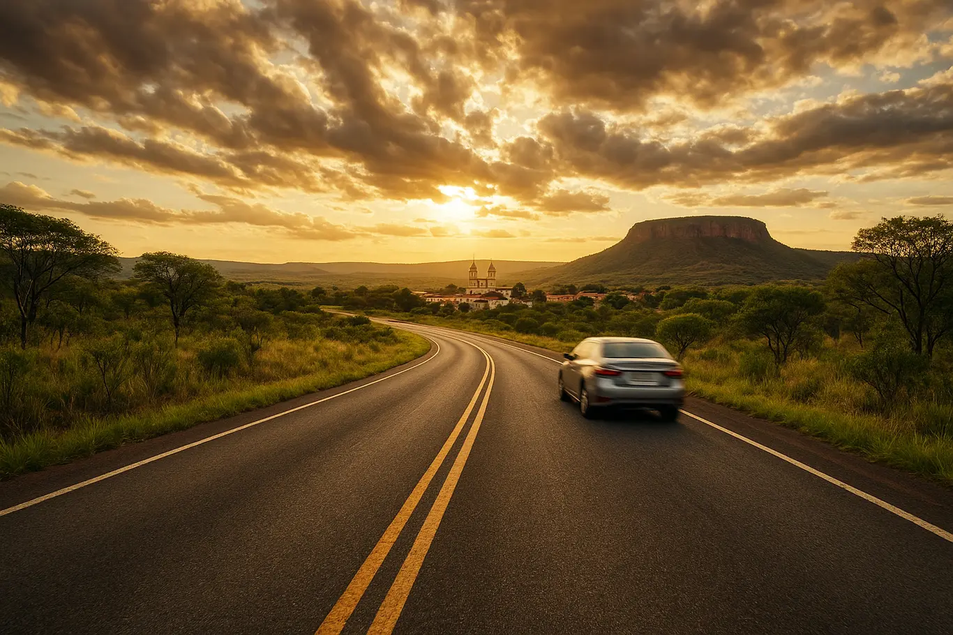 Estrada sinuosa com carro em movimento rumo a cidade histórica e chapada ao fundo