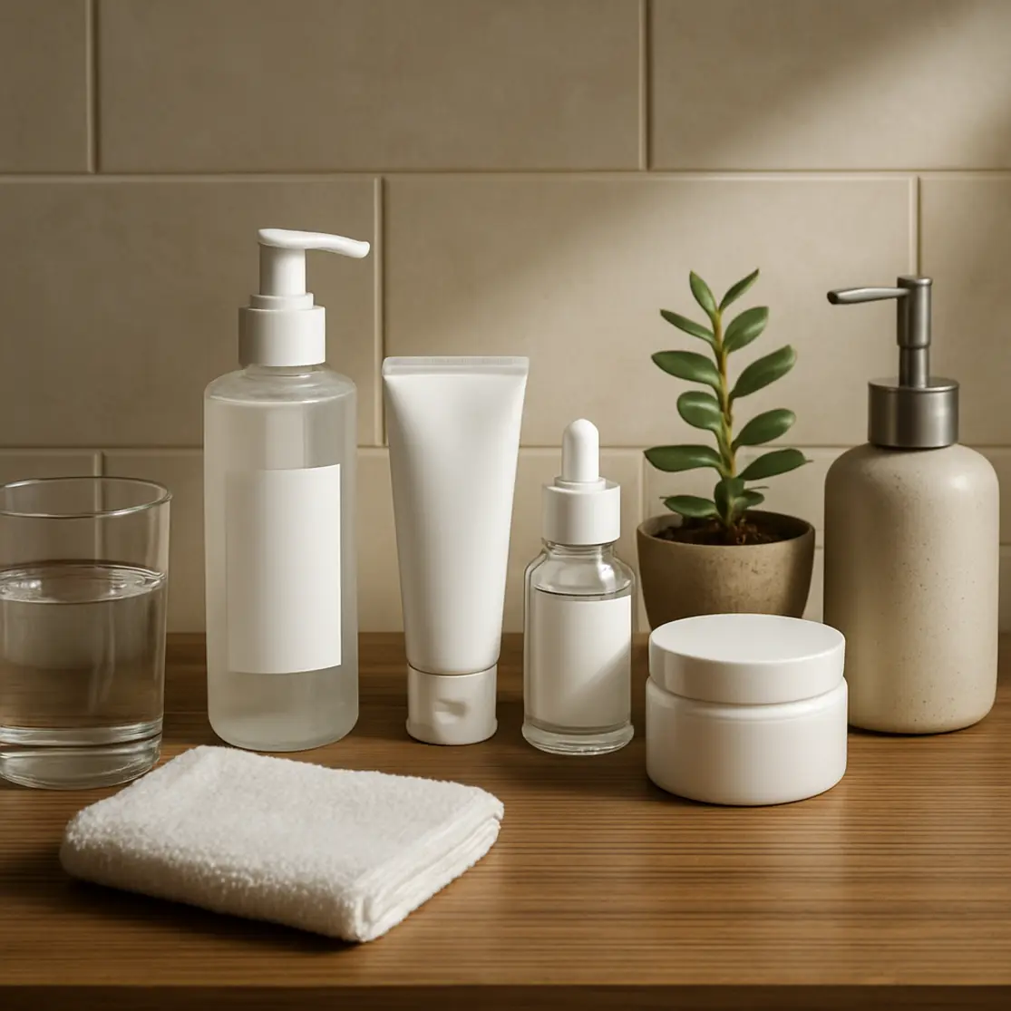 Bancada organizada com produtos de skincare e planta, vista ampla