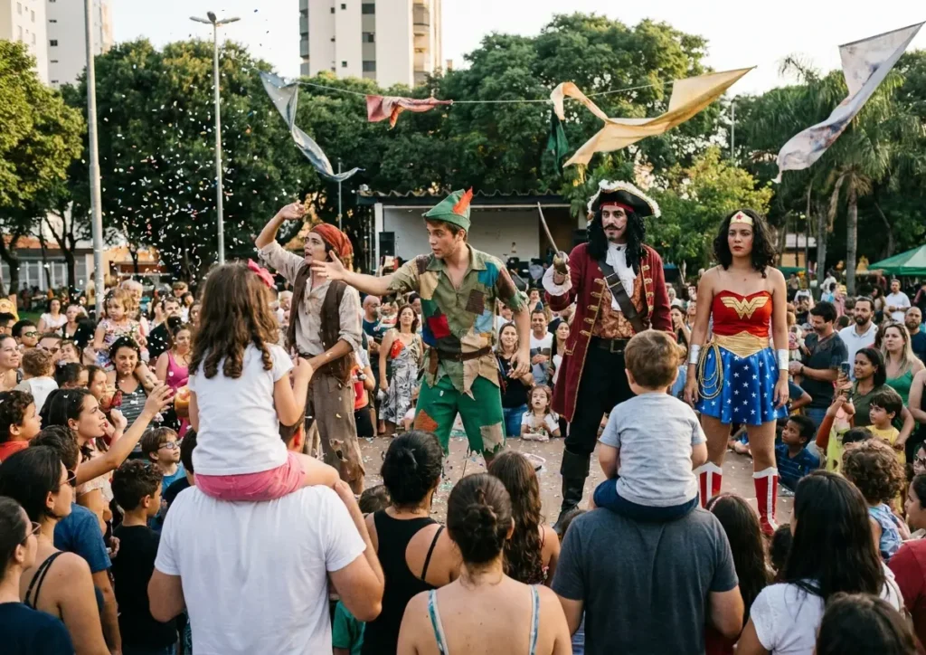 Artistas fantasiados interagindo com público na Praça Venâncio durante o Sabadinho Divertido, vistos de perfil e de costas.
