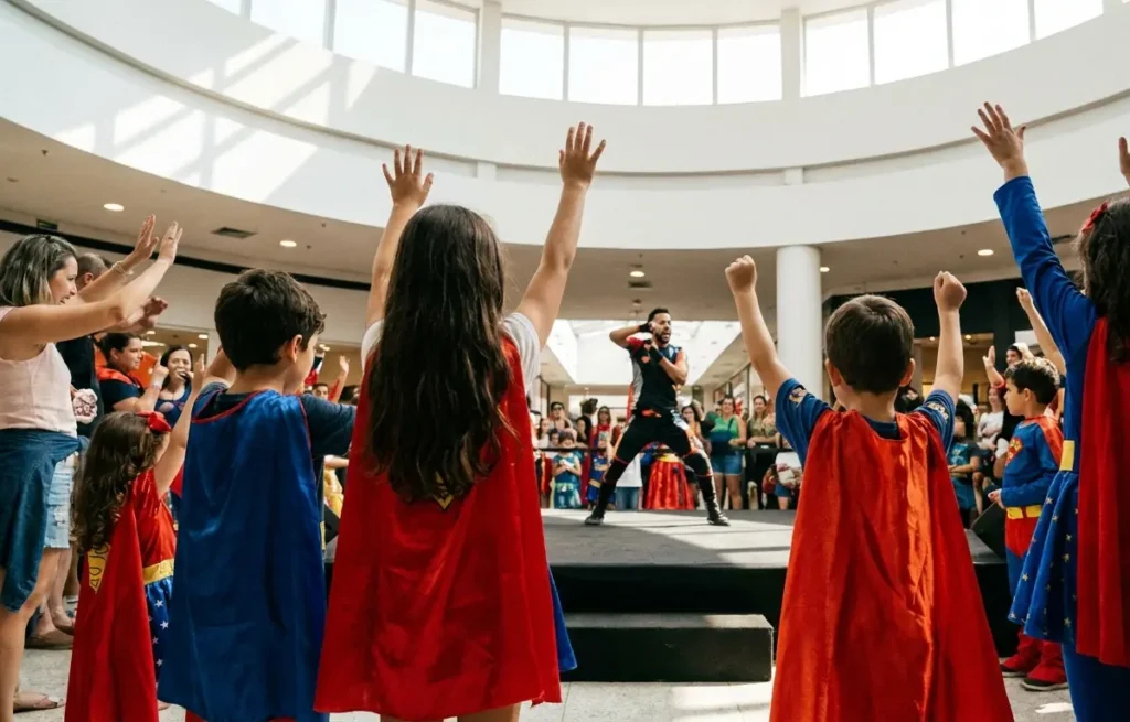 Crianças de costas observam palco infantil no Venâncio Shopping