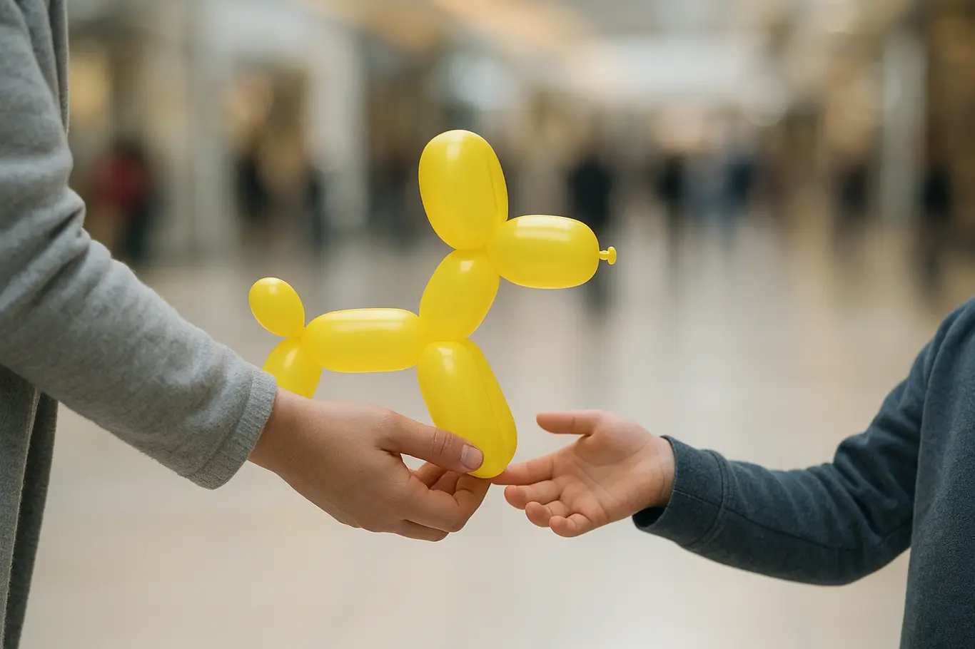 Mãos entregam balão a criança em evento no shopping