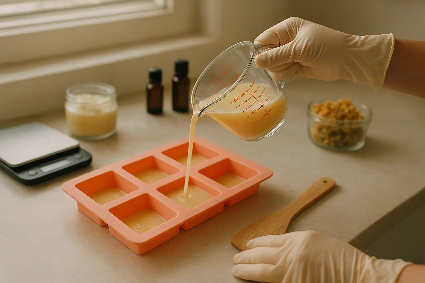 Bancada com copo medidor derramando mistura de sabonete em formas de silicone, utensílios e mãos em perfil