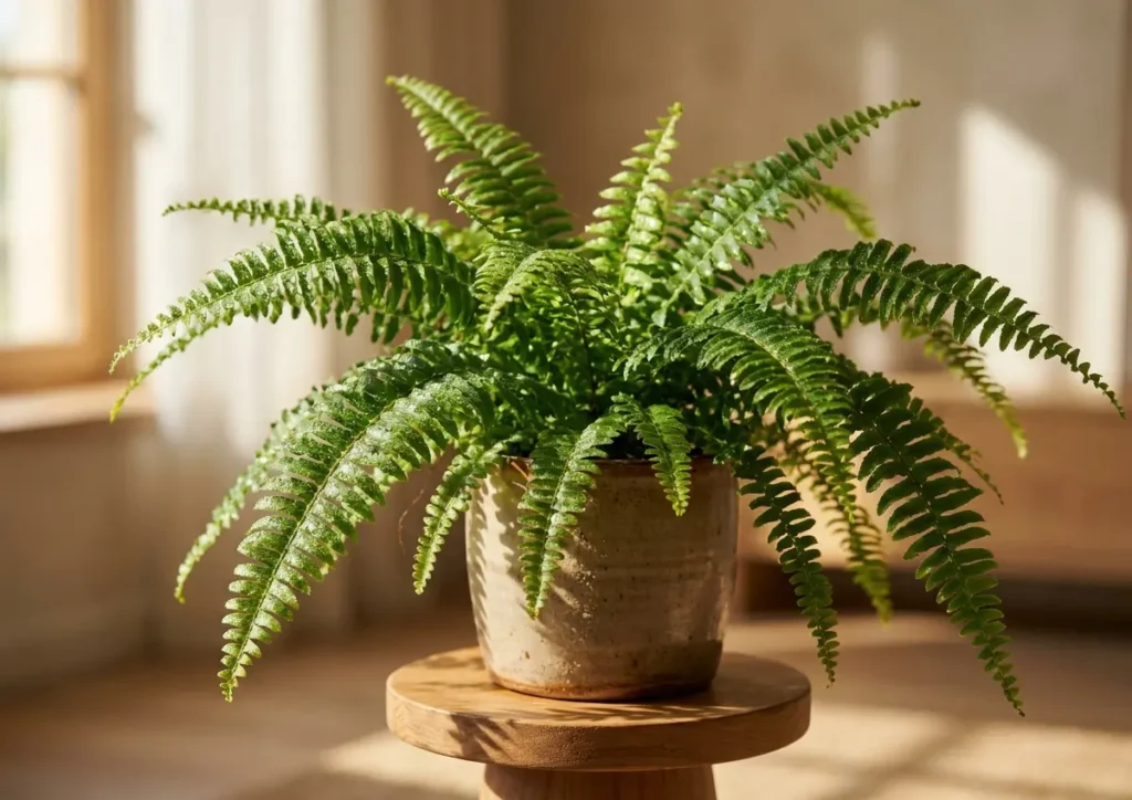 Samambaia exuberante em vaso cerâmico com gotas de água, luz natural