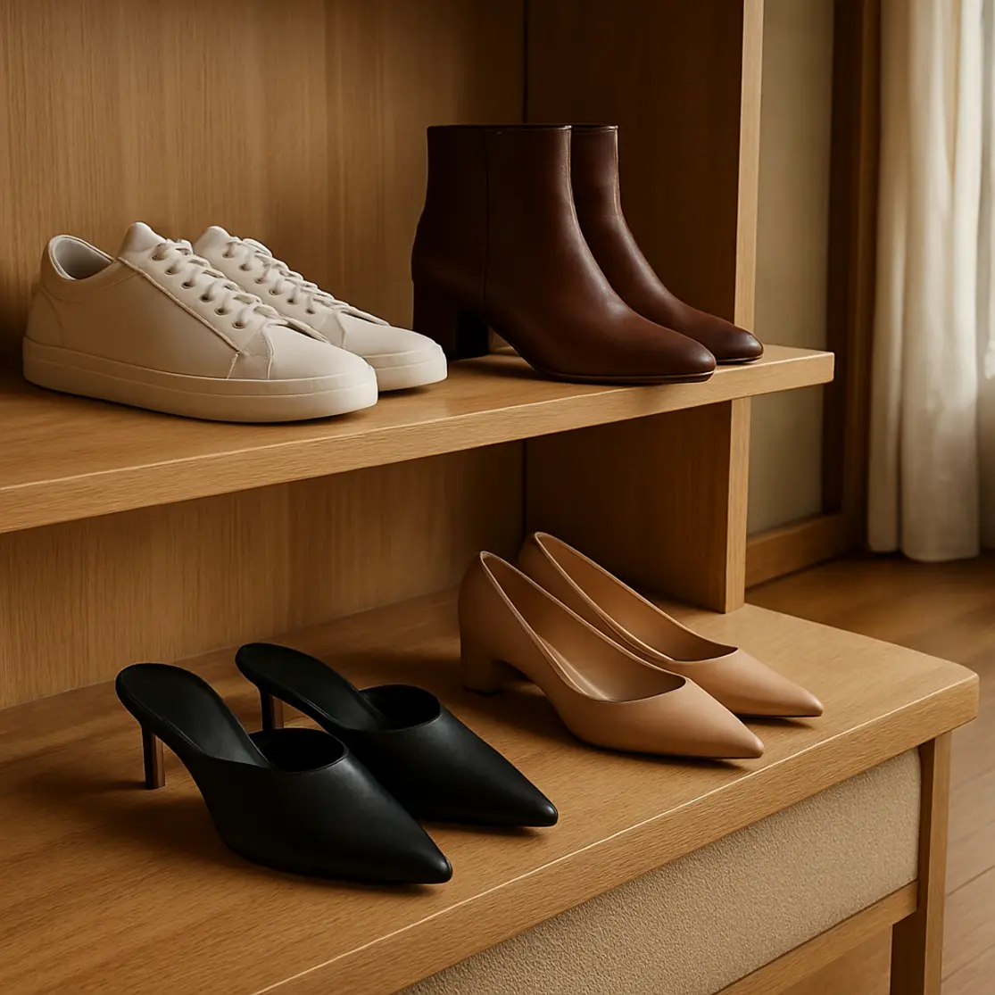 Closet editorial com coleção de sapatos essenciais alinhados