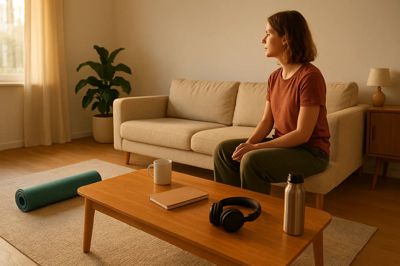 Sala de estar com pessoa em 3/4 ao fundo, mesa com caderno e xícara, tapete de yoga