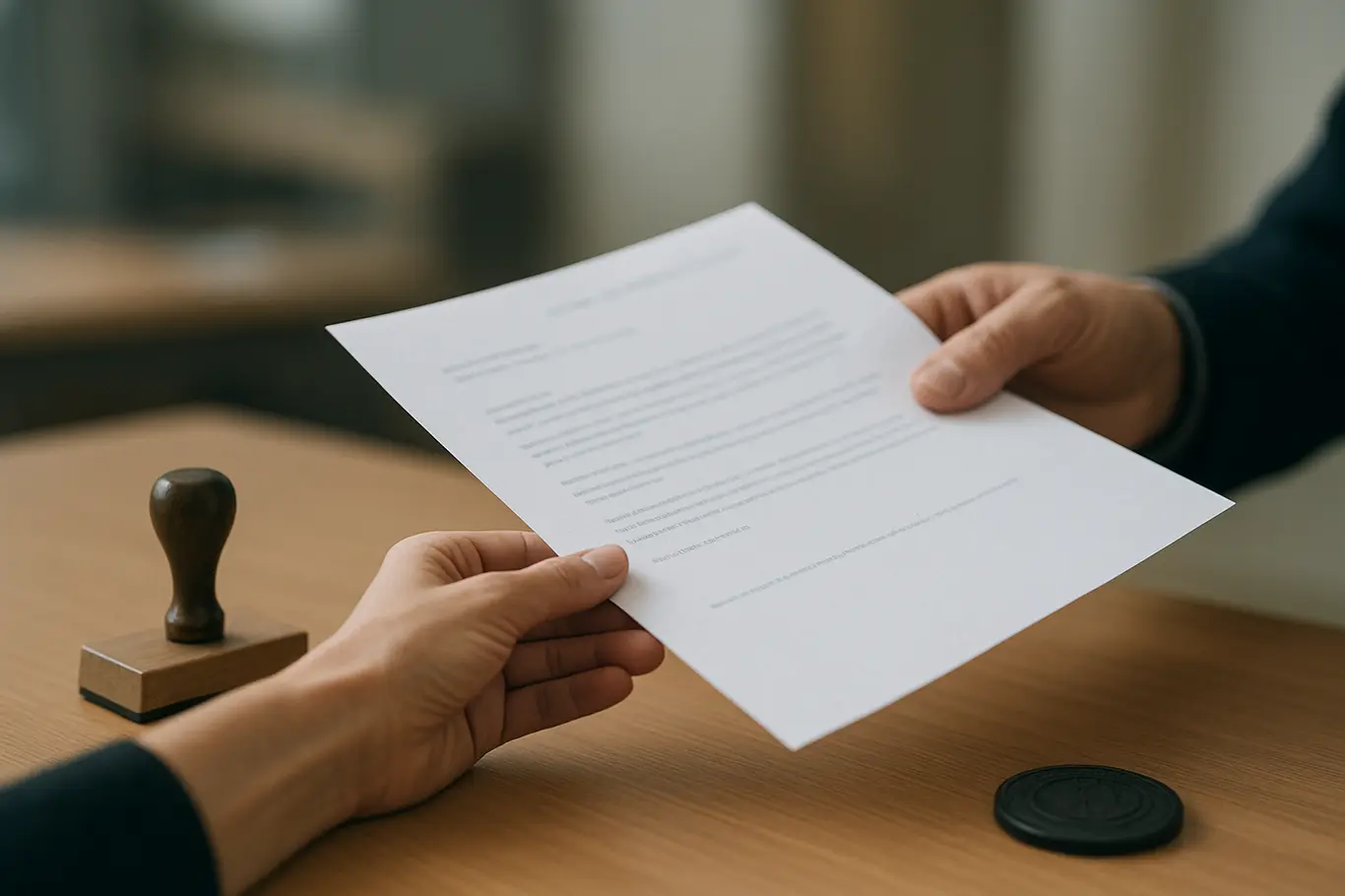 Close-up de mãos entregando documento com carimbo e cabeçalho desfocado sobre mesa de atendimento