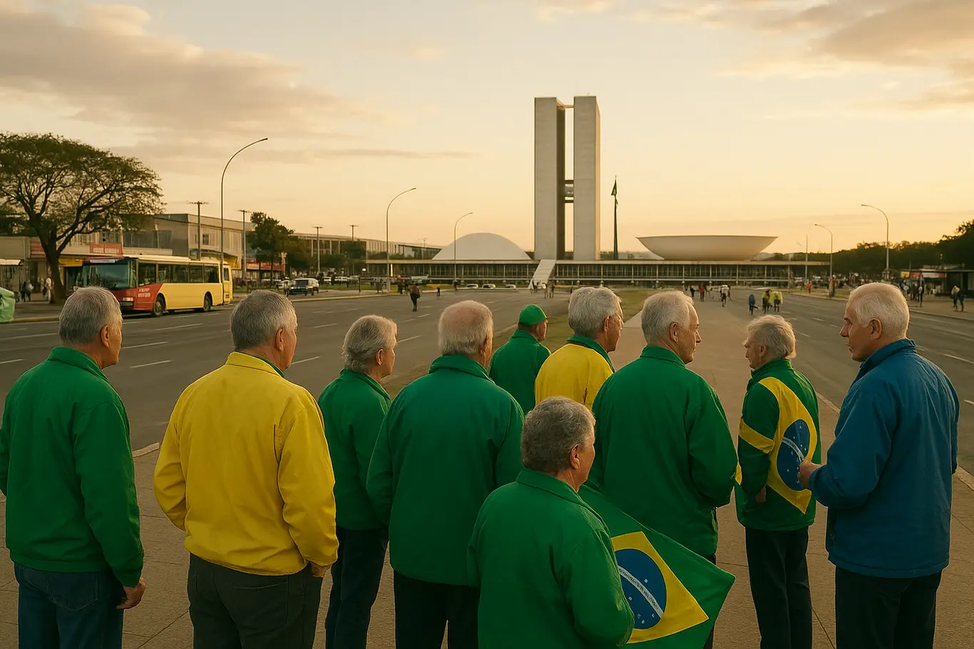 Panorama da Esplanada dos Ministérios com torcedores idosos e o Congresso Nacional ao fundo.