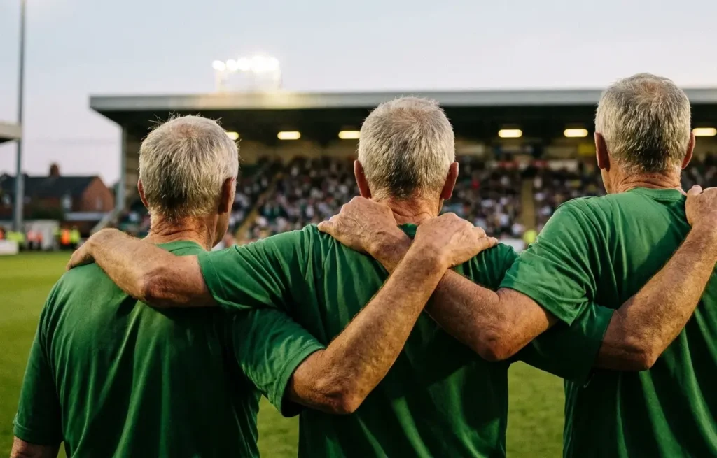 Trio de jogadores veteranos de costas caminhando rumo ao gramado em estádio, mostrando sinais de idade.
