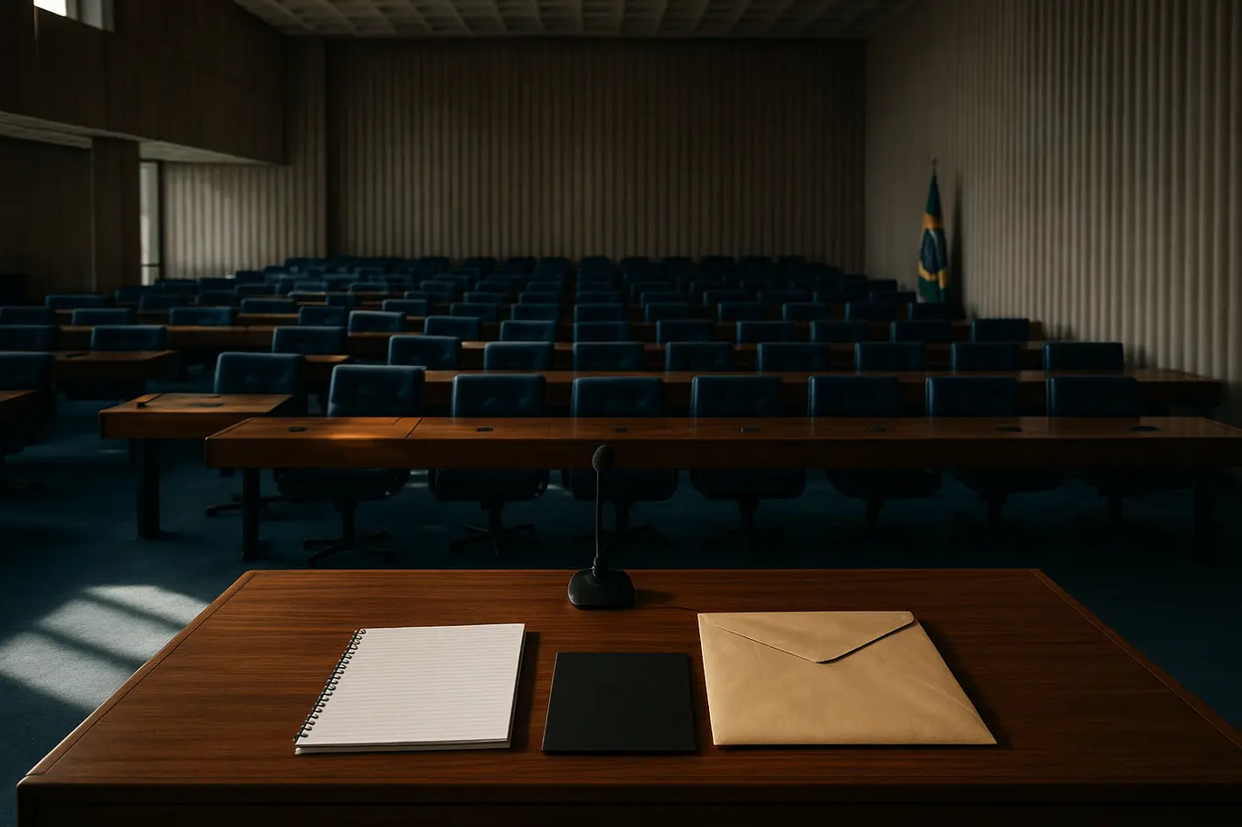 Plenário vazio do Senado com mesa da presidência e envelope sobre a mesa em primeiro plano.