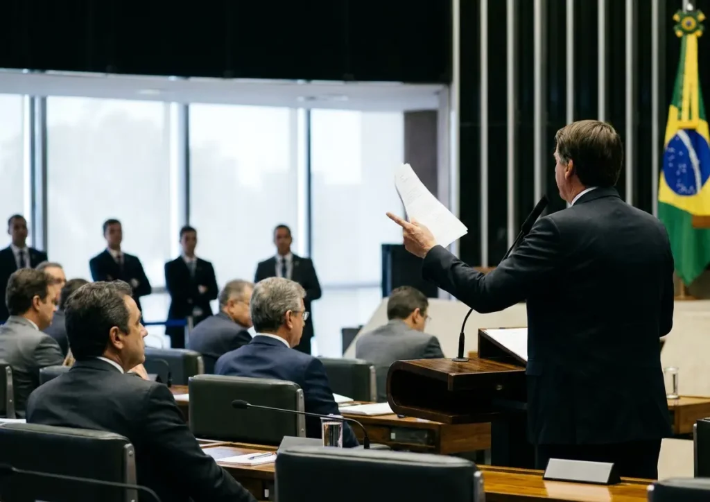 Líder do governo no plenário do Senado de costas, gesticulando junto à tribuna, senadores desfocados ao fundo.