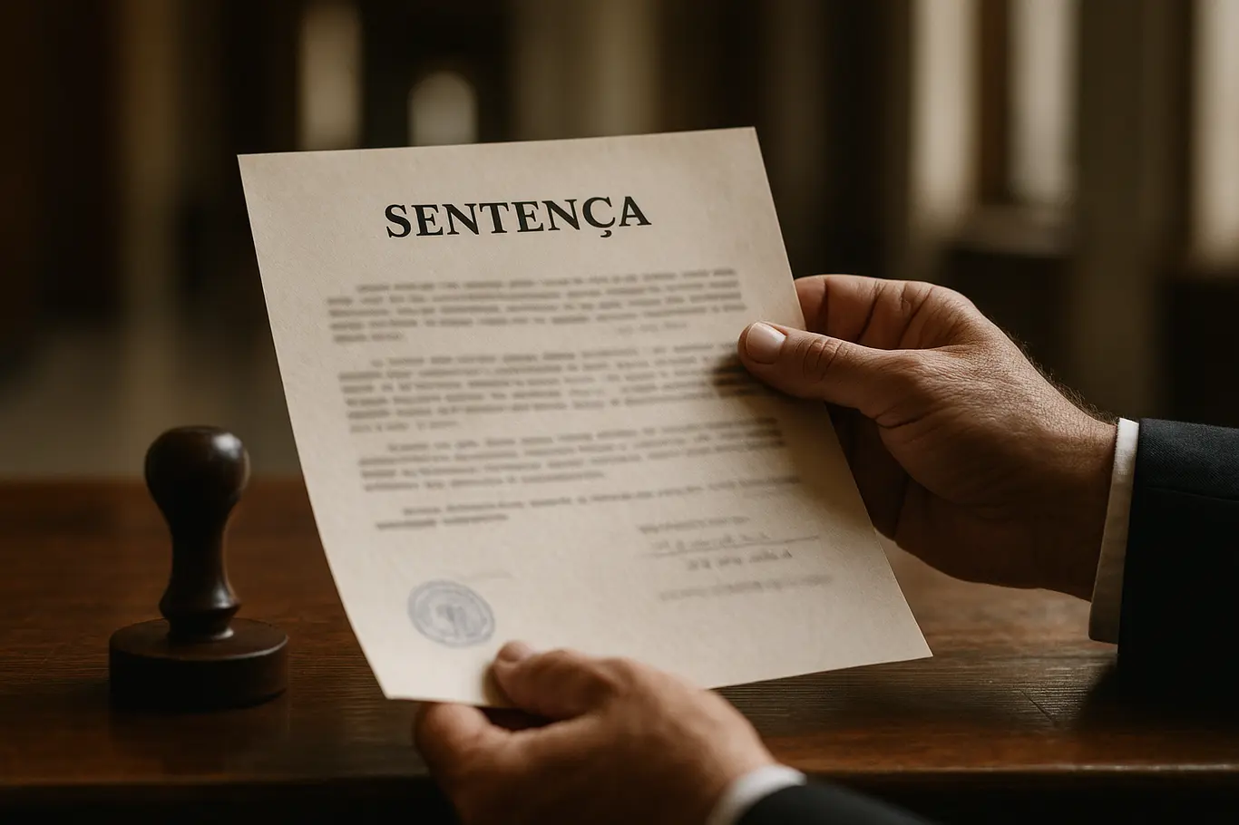 Close-up de mãos segurando documento de sentença no balcão do tribunal