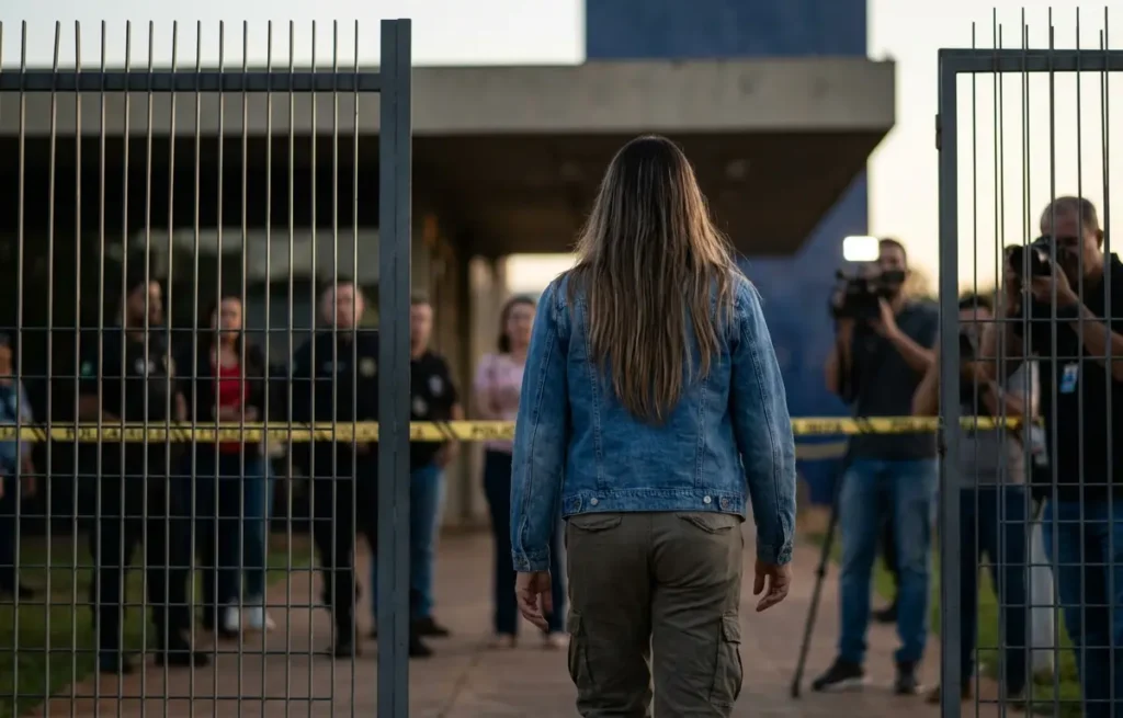 Pessoa trans vista de costas saindo de fórum no DF, fita de polícia ao fundo
