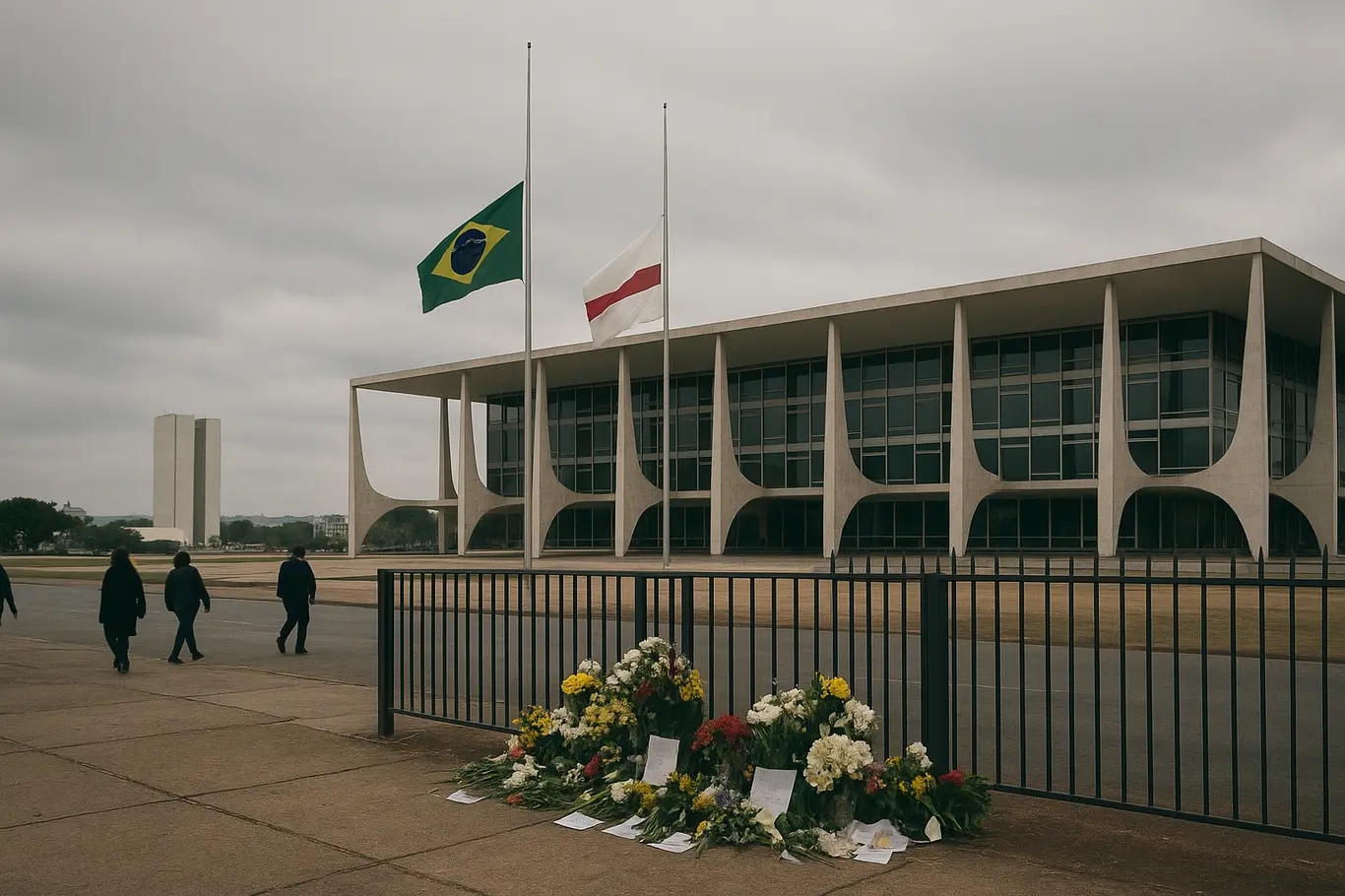 Prédio público em Brasília com bandeiras a meio mastro e flores no portão