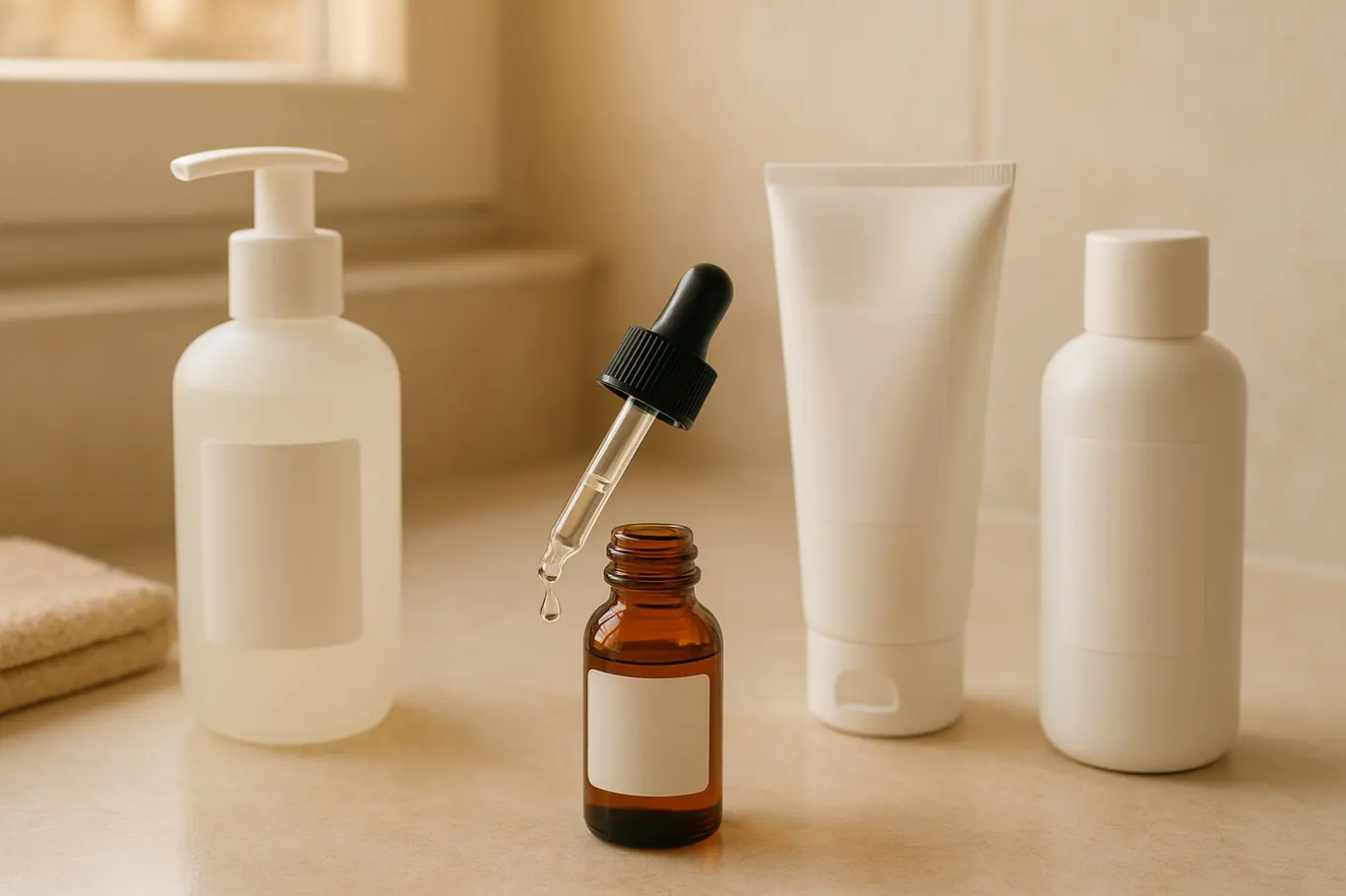 Bancada com frascos de skincare organizados mostrando cleanser, sérum, hidratante e protetor