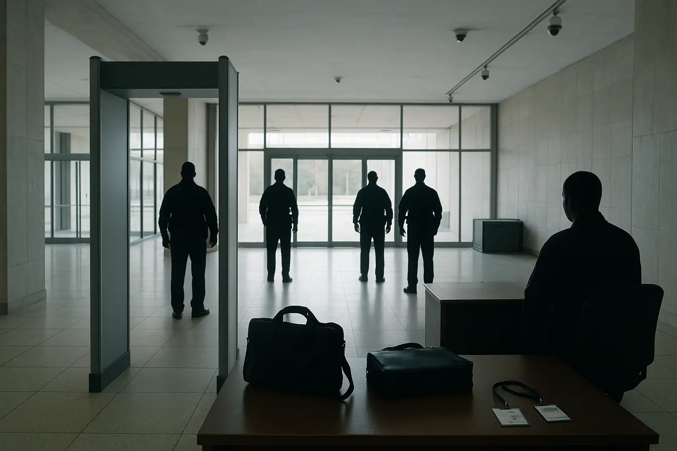 Plano aberto do saguão de entrada do parlamento com detector de metais, balcão de revista e agentes de segurança vistos de costas