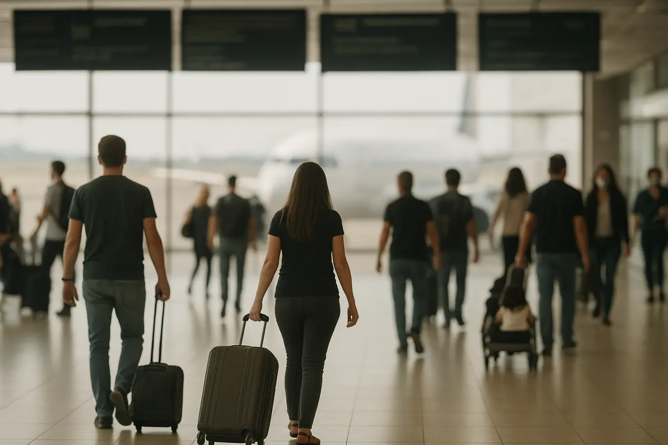 Passageiros de costas e malas no corredor de embarque do aeroporto de Brasília